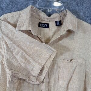 Vintage Chaps Linen Button Down Shirt Mens Large Short Sleeve Stripe Khaki Beach